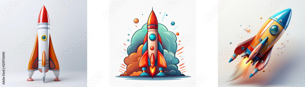 Poster three stylized rockets, varying in design and launch stages, illustrate concepts of speed, innovatio