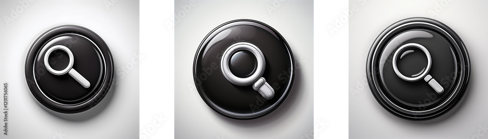 Aufkleber Three glossy black circular buttons feature a magnifying glass icon in grayscale.  The icons vary slightly in style.