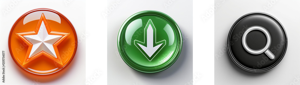 Aufkleber Three glossy circular buttons display a star, downward arrow, and magnifying glass, representing favorite, download, and search functions.