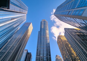 Naklejka premium skyscrapers in a downtown, with a blue sky and a wide-angle lens perspective from a low-angle viewpoint.