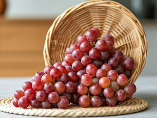 A cluster of ripe red grapes spilling onto a textured surface, creating a visually stunning composition.