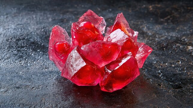Red crystal cluster on dark surface.