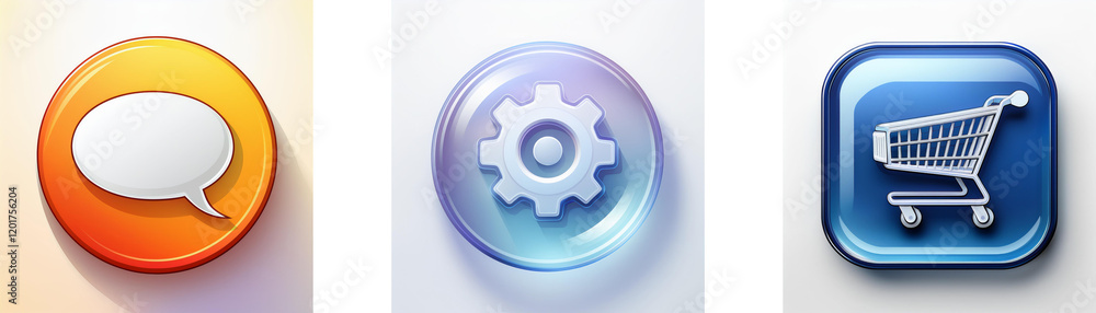 Aufkleber three glossy buttons: communication, settings, and shopping cart. representing online interaction, a