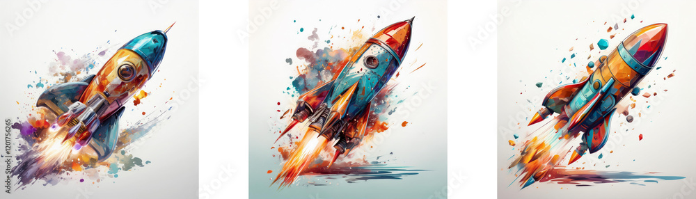 Poster three vibrant rockets ascend, leaving colorful trails. their dynamic flight is captured in a splash 