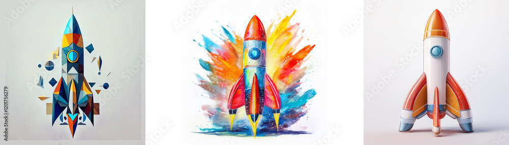 Poster three vibrant rockets, each with unique artistic styles, symbolize innovation, launch, and progress.