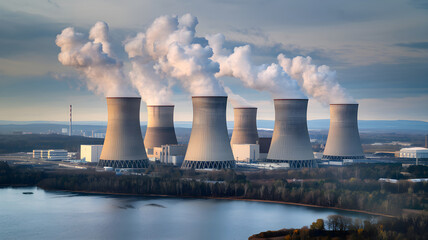 Nuclear power plant cooling towers emitting steam into atmosphere