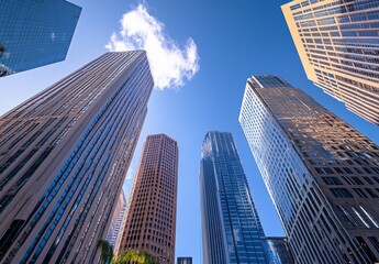 Obraz premium skyscrapers in a downtown, with a blue sky and a wide-angle lens perspective from a low-angle viewpoint.