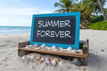 Blackboard showing summer forever on tropical beach