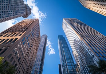 Obraz premium skyscrapers in a downtown, with a blue sky and a wide-angle lens perspective from a low-angle viewpoint.