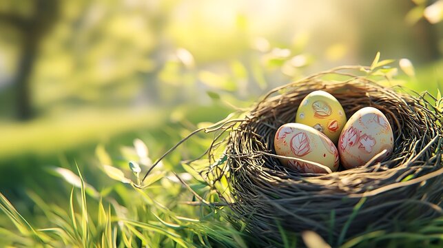 On a sunny spring day, a birda??s nest holds three painted Easter eggs amidst a green meadow. 