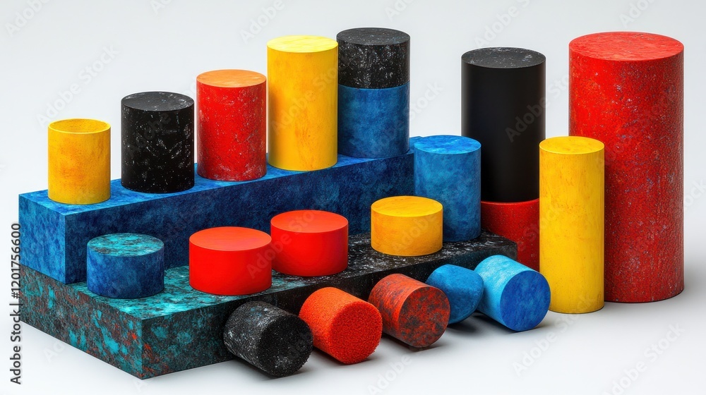 Poster colorful cylinders and blocks arranged in a dynamic composition.