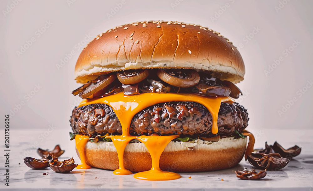 Poster a large burger with melted cheese and onions on top. the burger is sitting on a white table