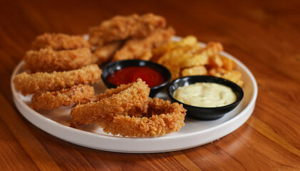 fried onion rings with mayonaise and tomato sauce on wooden table