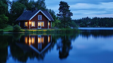 Fototapeta premium Lakeside cabin at twilight, lights on, reflecting in calm water.