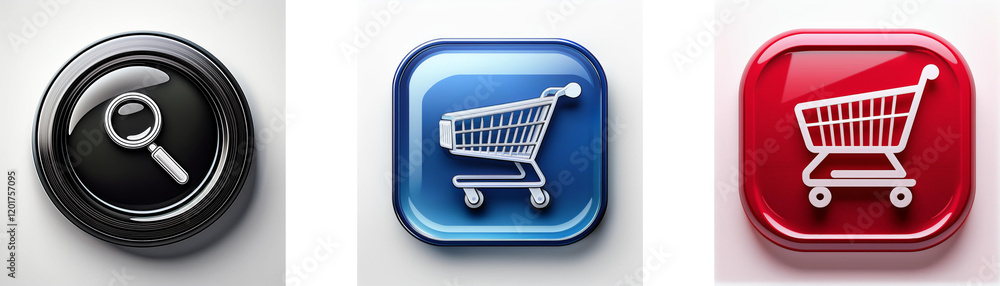 Aufkleber Three glossy buttons display icons: a magnifying glass, and two shopping carts.  One cart is on a blue button and the other on a red button.