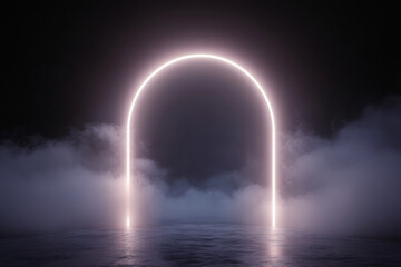 Unique Neon Arch Illuminated Against a Dark Misty Background Creating an Ethereal Atmosphere