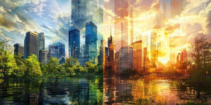 A modern image collage combining architecture, city life, and nature in a harmonious and artistic layout.