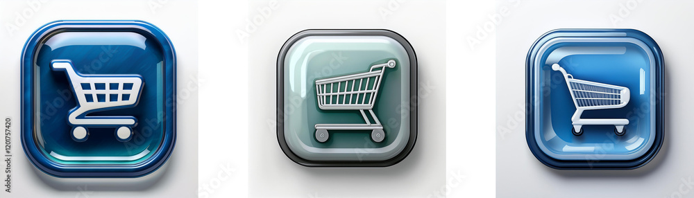 Fototapete three glossy square buttons display shopping cart icons in varying blue hues. each button showcases 