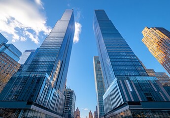 Obraz premium skyscrapers in a downtown, with a blue sky and a wide-angle lens perspective from a low-angle viewpoint.