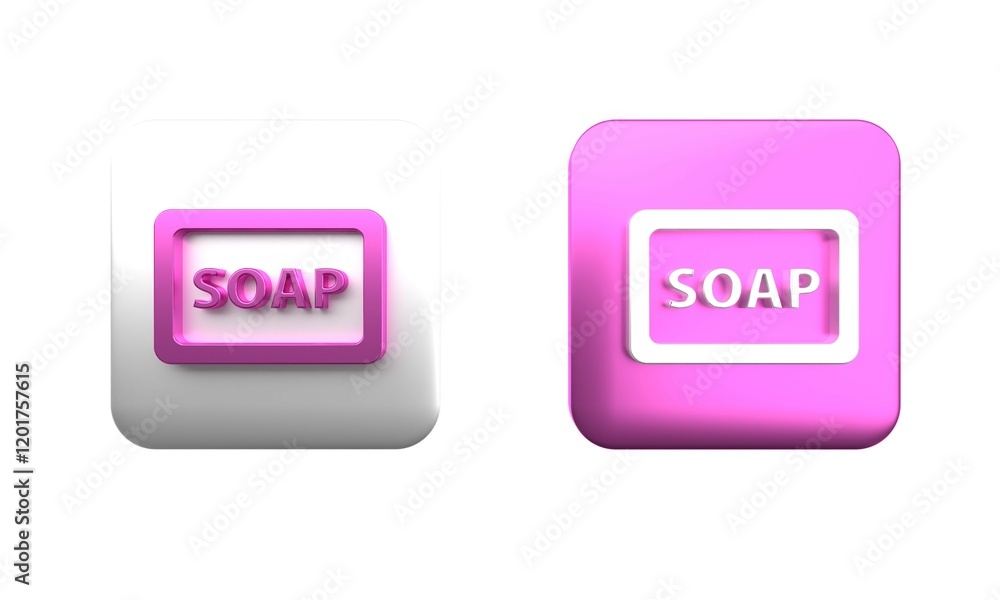 Poster colorful bar of soap with foam icon isolated on white background. soap bar with bubbles. square butt