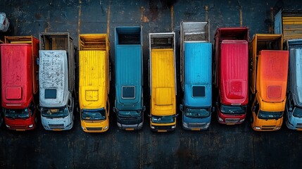 Colorful delivery trucks parked in a row, aerial view.