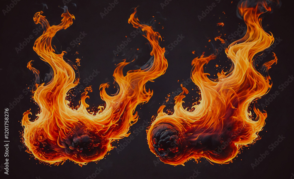Poster two flames are shown in the image, one on the left and one on the right. the flames are orange and a