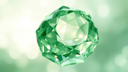 Fototapeta premium A multifaceted emerald gemstone, glistening with an iridescent sheen, exhibits its intricate facets against a soft, green bokeh background.
