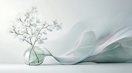 White flowers in glass vase, abstract fabric, minimalist background; home decor, website banner
