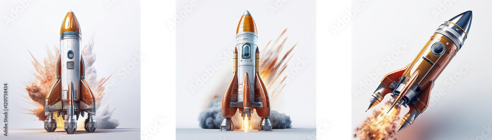 Poster three rockets launch, showcasing dynamic flight and fiery propulsion. the image highlights different