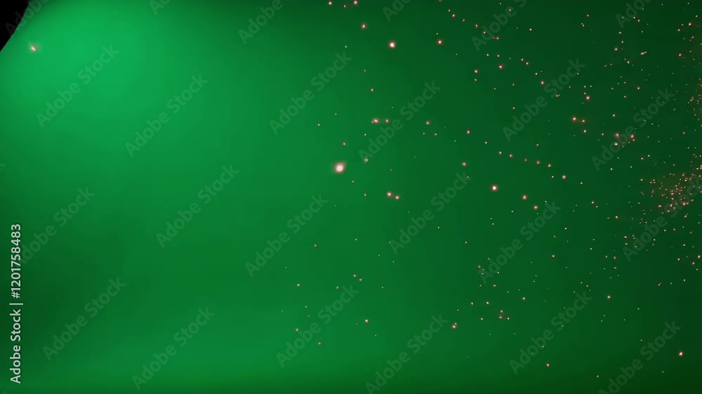 Poster bright particles are floating and swirling against a vibrant green screen backdrop, creating a mesme