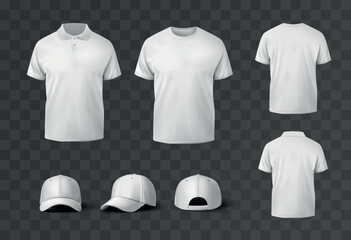 Realistic white t-shirt and baseball caps mock up. No sleeve shirt template for designs.