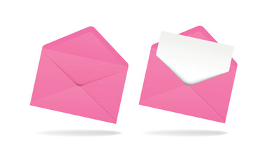 Pink realistic envelope in different positions. Folded and unfolded envelope backpack isolated