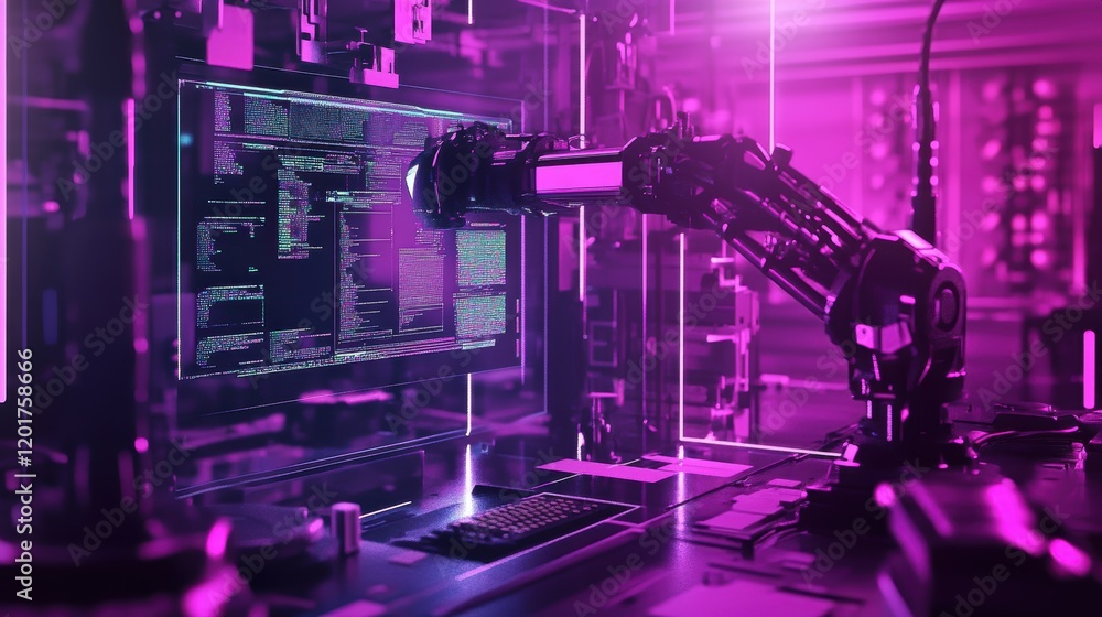 Poster futuristic robotic arm in advanced digital workspace a close-up of modern robotics