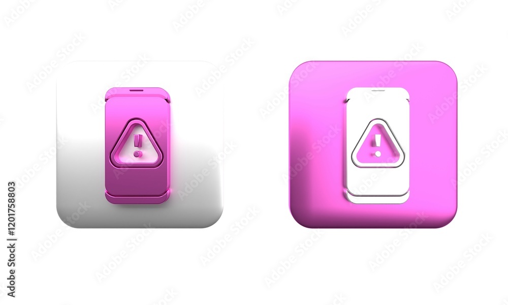 Poster colorful mobile phone with exclamation mark icon isolated on white background. alert message smartph