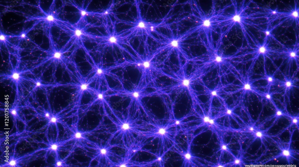 Poster abstract cosmic network: glowing nodes and interconnected filaments in a dark universe