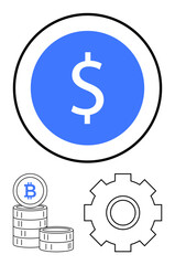 Dollar sign coin in blue circle, bitcoin stack, and gear outline emphasizing currency, fintech, and operations. Ideal for finance, blockchain, savings, investment innovation technology abstract