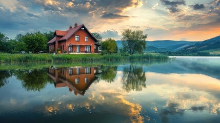 Obraz premium Lakeside house reflecting in calm water at sunset.