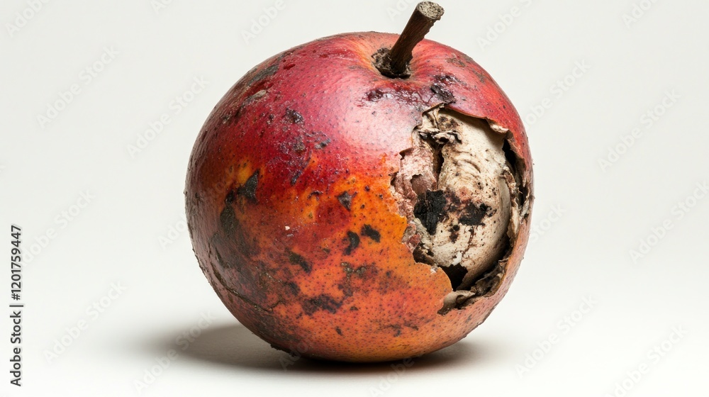 Poster close-up of a decaying red apple with visible rot and insect damage