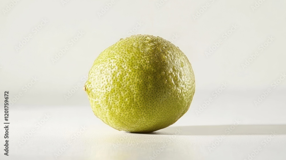 Poster close-up of a single lime on white surface, highlighting its texture and bumpy skin