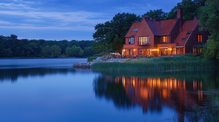 Fototapeta premium Lakeside house at twilight, reflecting lights on calm water.