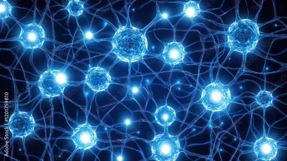 Poster glowing neural network connections: abstract microscopic view of brain synapses or ai network