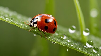 Obraz premium Ladybug on a Blade of Grass in Morning Light