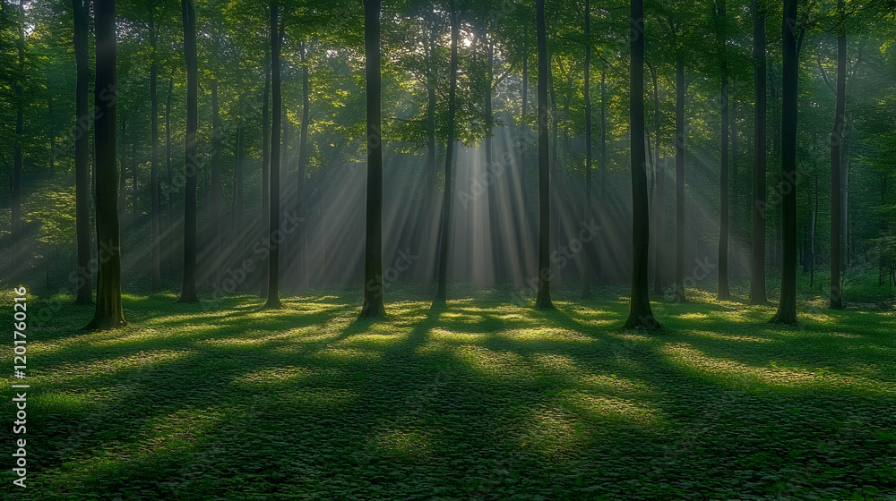 Poster sunbeams filtering through a dense forest, creating a magical and serene atmosphere