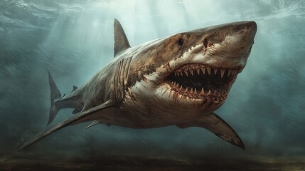 Naklejka premium Predatory shark encounter ocean depths wildlife photography underwater environment immersive viewpoint animal behavior