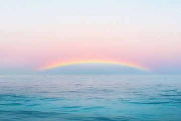 Naklejka premium Vibrant Rainbow Arches Over Calm Ocean Waters at Sunset, Creating a Serene Coastal Atmosphere