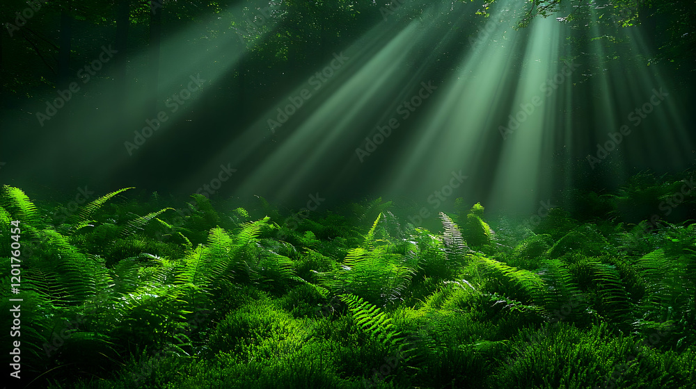 Poster sunbeams filtering through lush green forest canopy, creating a magical and serene atmosphere