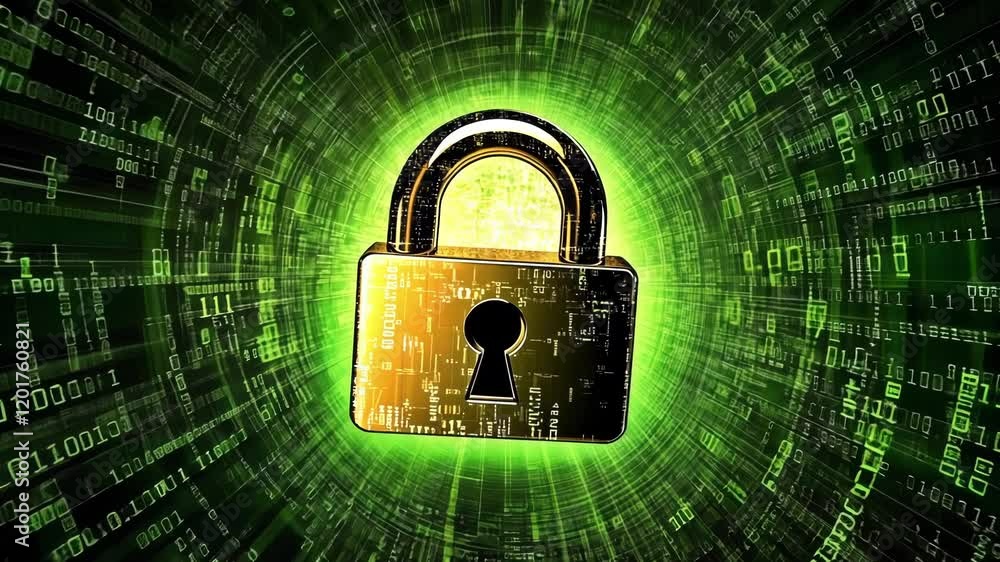 Aufkleber an abstract representation of a padlock surrounded by binary code on a dark background illustrating 
