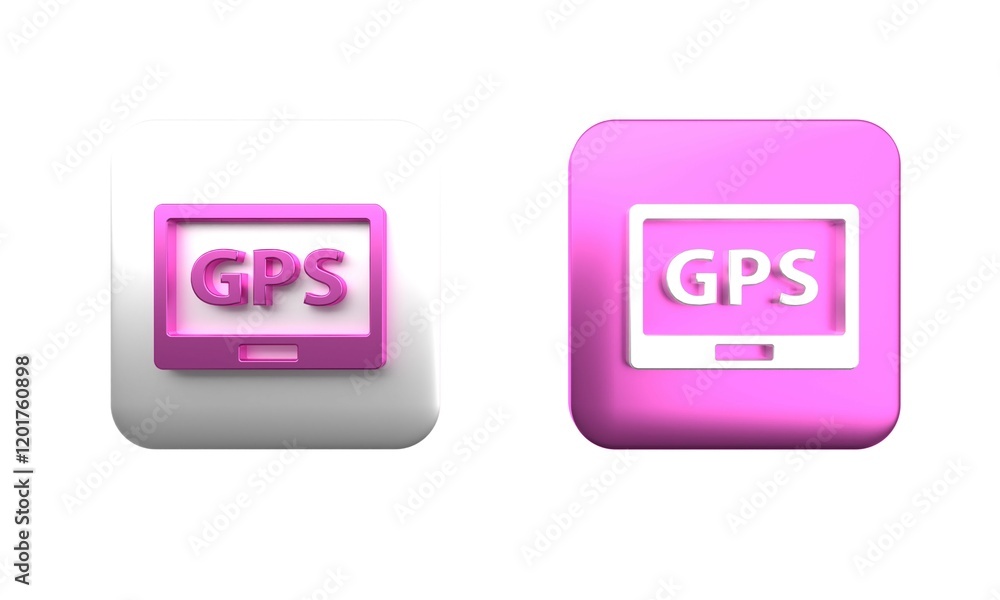 Poster colorful gps device with map icon isolated on white background. square button. 3d render illustratio