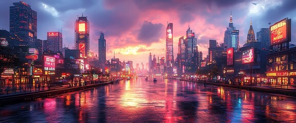Obraz premium Futuristic city skyline reflected in a wet canal at sunset.