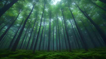 Sunlit Forest Path with Misty Atmosphere, Lush Green Canopy